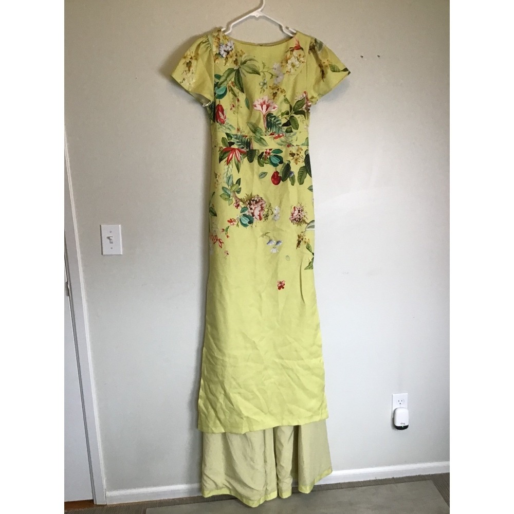 Fehaute Women's Yellow Floral Print Slit Cap Sleeve A-Line Prom Dress Size S NWT